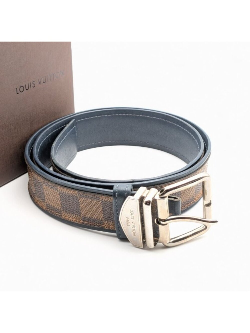 Louis Vuitton Ceinture Sidney Damier Belt Logo Silver Brown Navy